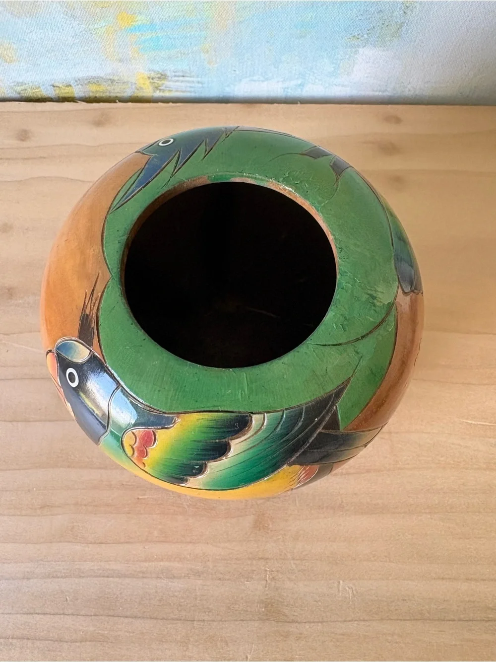 Vintage Latin American Hand-Carved Wooden Vase with Bird and Mountain Motif